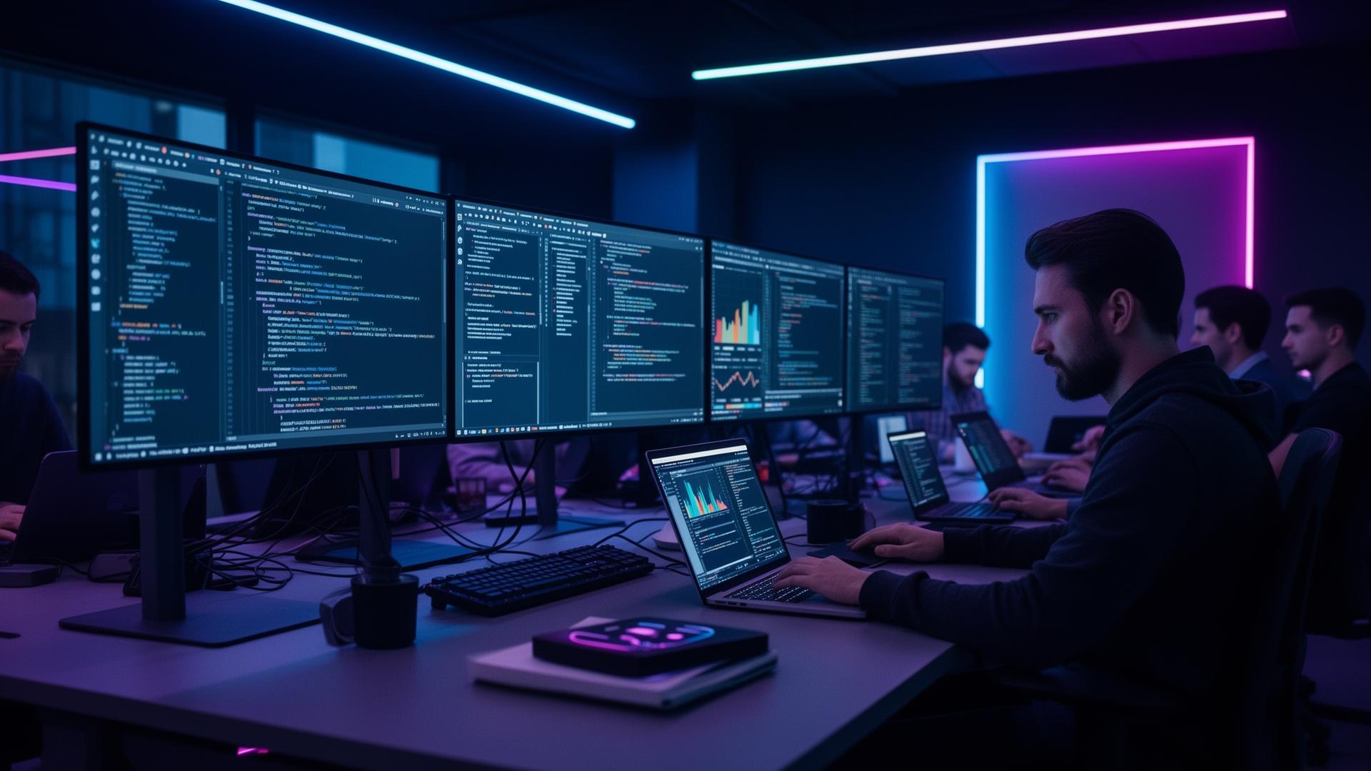 Modern software development team workspace with blue and purple ambient lighting