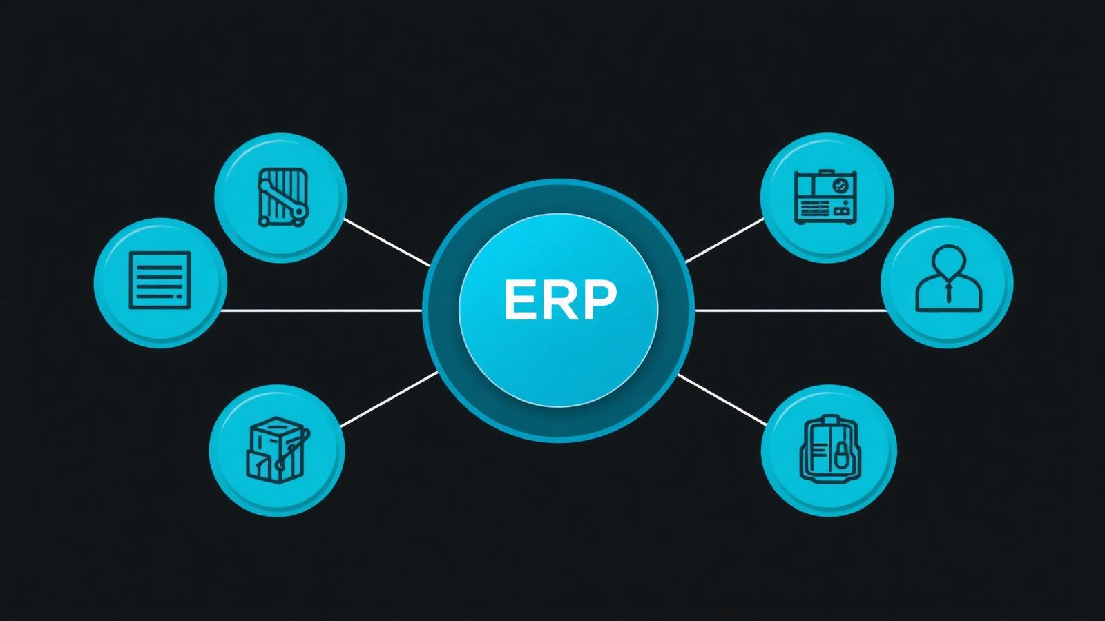 ERP hub connected to finance, inventory, HR and operations modules