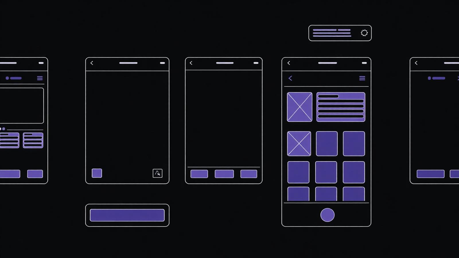 Wireframe screens and layout grids representing the UI and UX design process